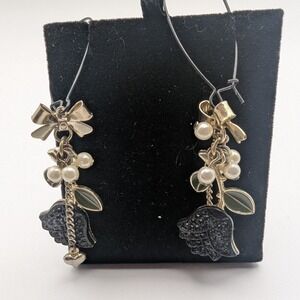 Dangle Black Rose Earrings Pearl Bow Gold Tone Women's Jewelry 3" Long Unique